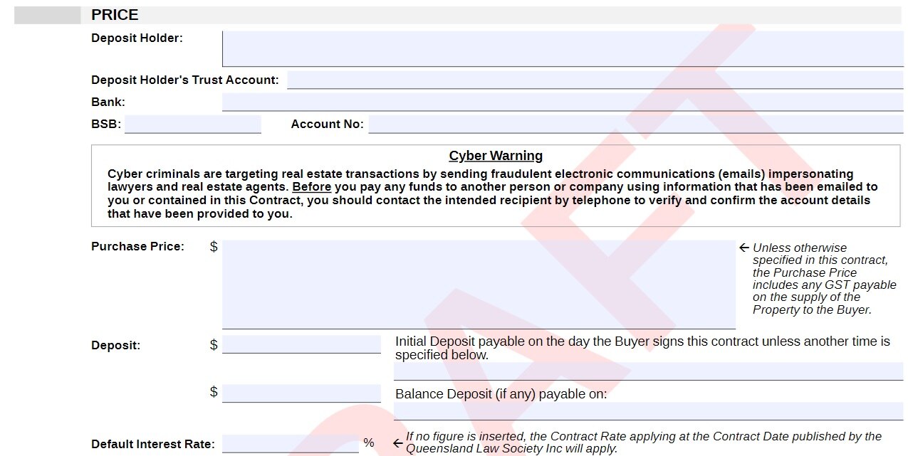 An excerpt from the Queensland sale of land contract, warning agents, buyers and sellers about the risk of cyber crime.