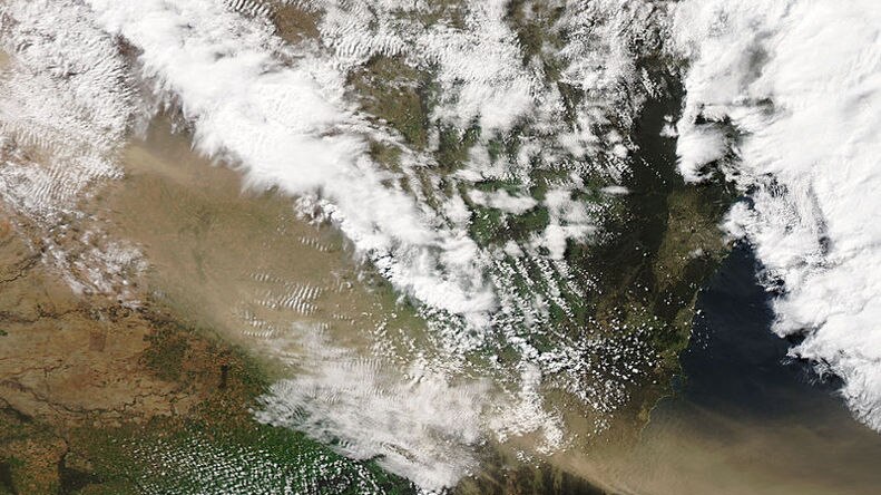 Satellite image: The dust storm moves over New South Wales about 1:40pm AEST.