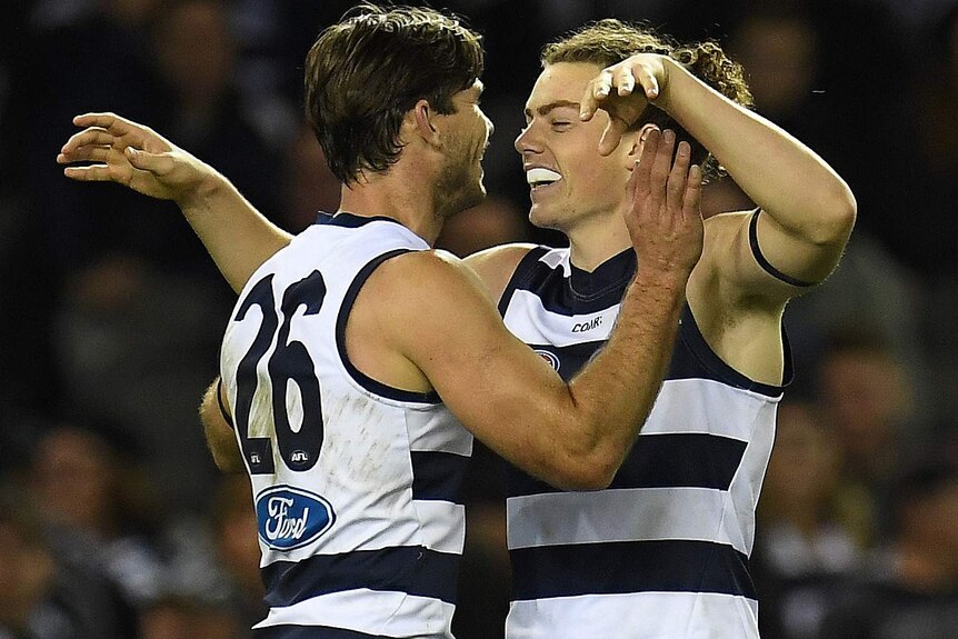 Tom Hawkins and Wylie Buzza celebrate a goal for Geelong.