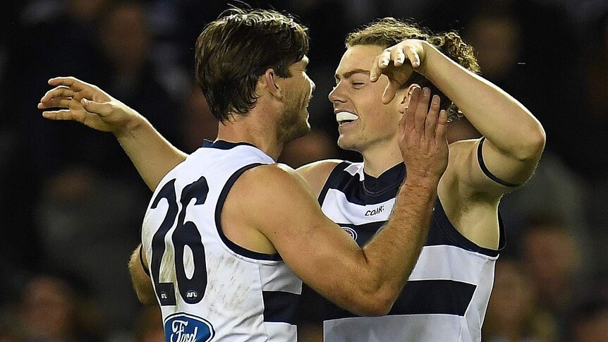 Tom Hawkins and Wylie Buzza celebrate a goal for Geelong.
