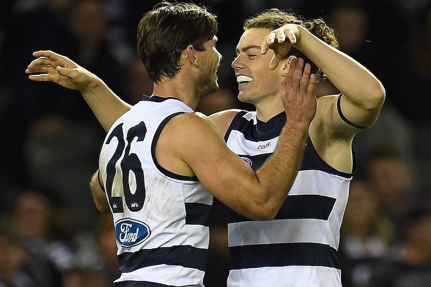 Tom Hawkins and Wylie Buzza celebrate a goal for Geelong.