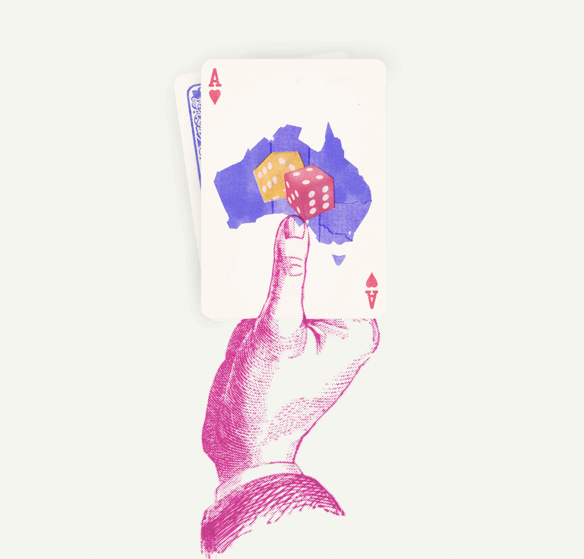 Collage showing a hand holding a playing card with an illustration of dice overlaid on a map of Australia.