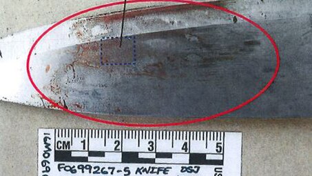 A police evidence image showing the blade of a bloodied knife with a red circle indicating marks on it.