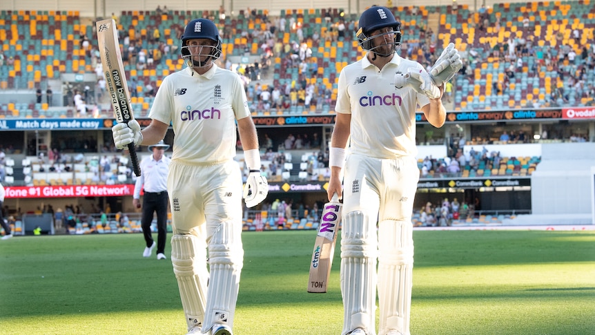 Two English batters leave the Gabba at stumps on day three of the first men's Ashes Test.