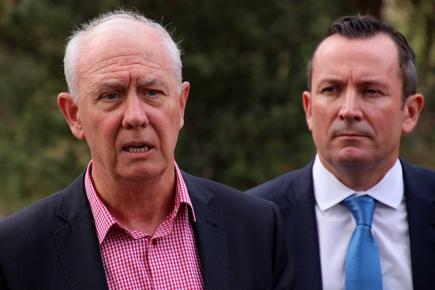 Headshot of Emergency Services Minister Fran Logan, with WA Premier Mark McGowan behind.