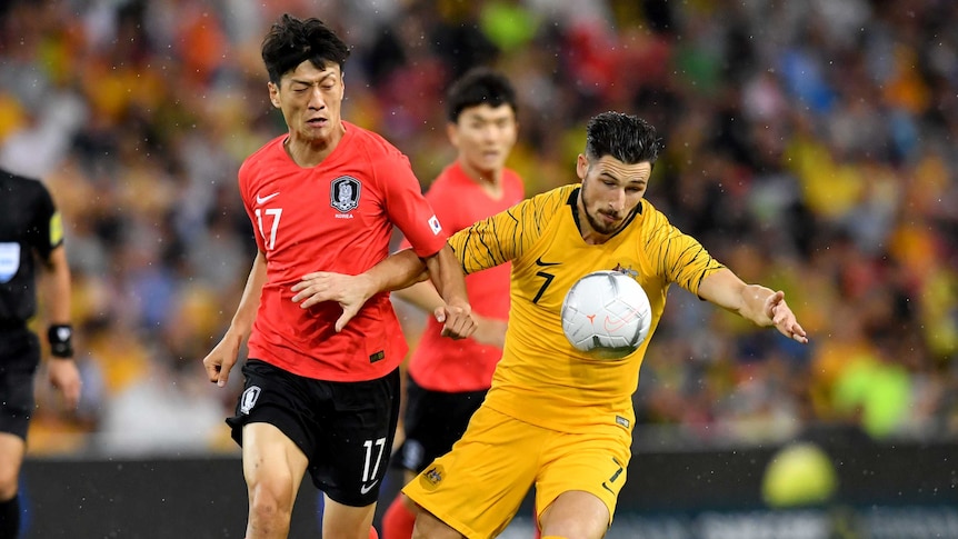 Mathew Leckie with the ball against South Korea