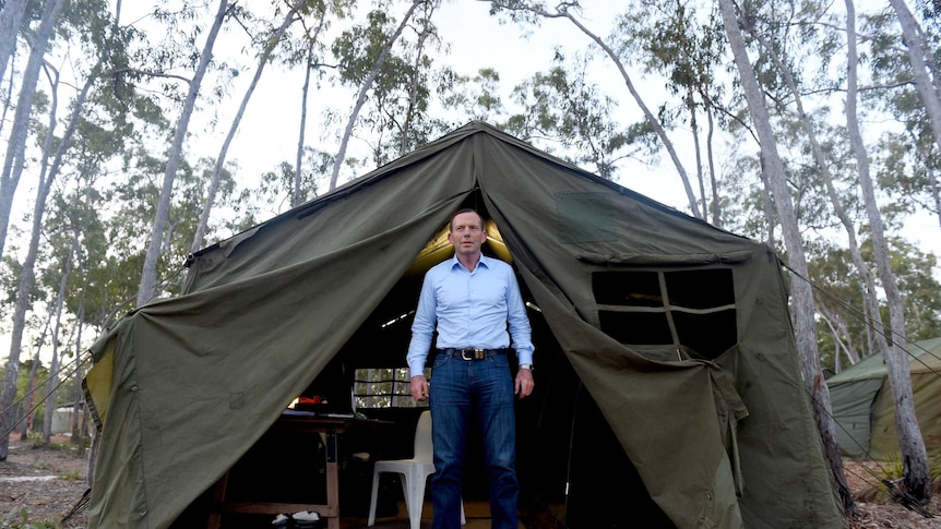 Australian prime minister Tony Abbott at his tent at the Garma site on the Gove Peninsula