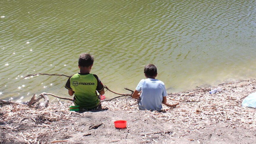 Two young boys fishing.