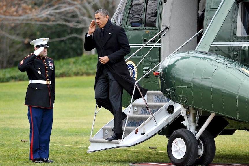 US President Barack Obama steps off Marine One on the South Lawn of the the White House.