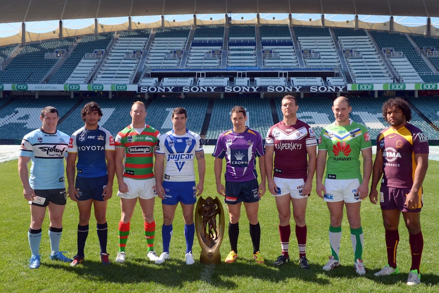 Team captains with the NRL trophy before the NRL finals series.