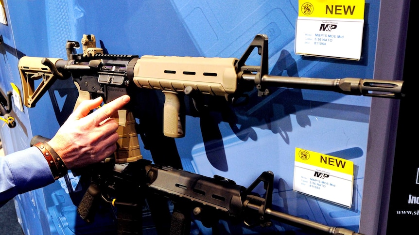 Weapons displayed at a Las Vegas gun show
