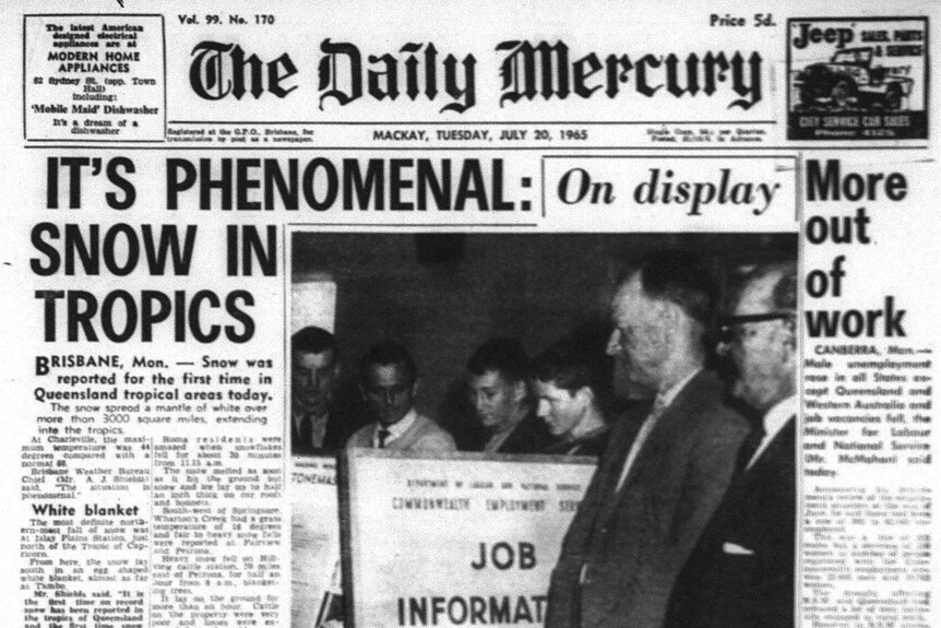 Archival picture of Daily Mercury front page in black and white with headline reading: 'It's Phenomenal: snow in tropics'