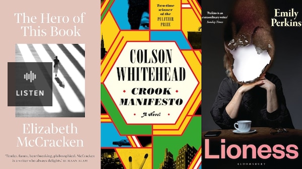 Three book covers, details in caption. First muted, 2nd yellow and stylised, third woman without a face. Has Audio.