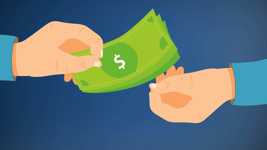 Illustrated graphic of a hand holding out money to another empty hand