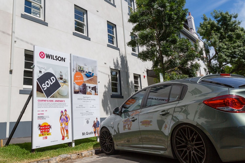 Sold signs outside the recently auctioned apartments of the renovated Gatwick Private Hotel in St Kilda, November 2018.