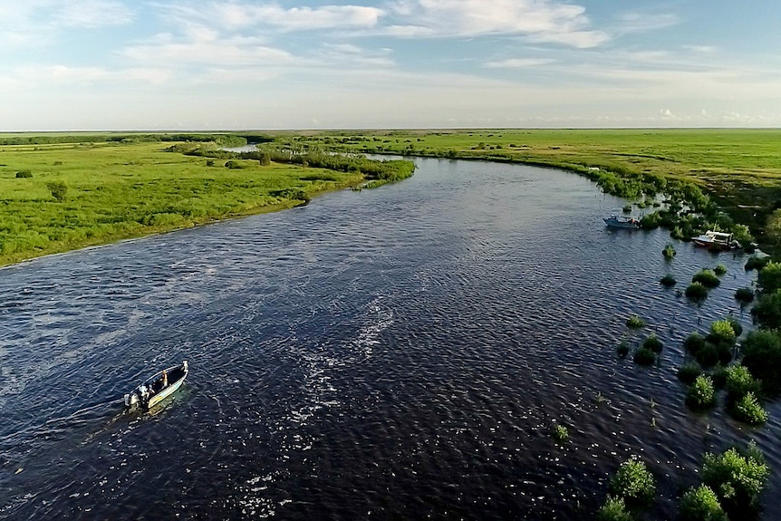 A boat travels along a river.