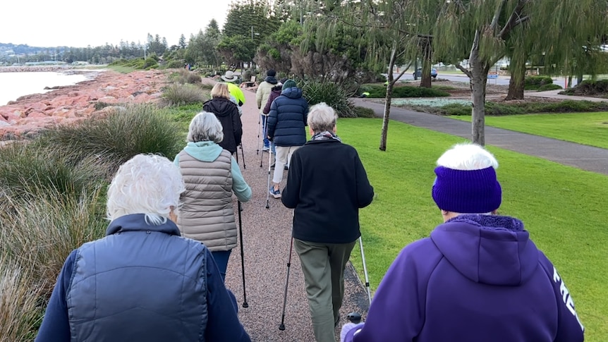 Around 10 older people walking on a path.