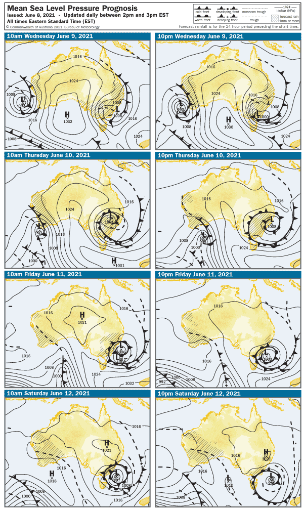 Synoptic maps of the next four days. Show lows developing on the east and west coasts on Wednesday