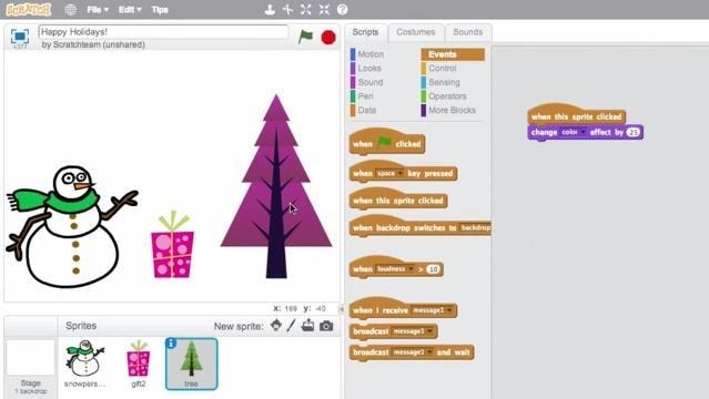 Scratch edit window shows image of snowman and tree, tree is purple