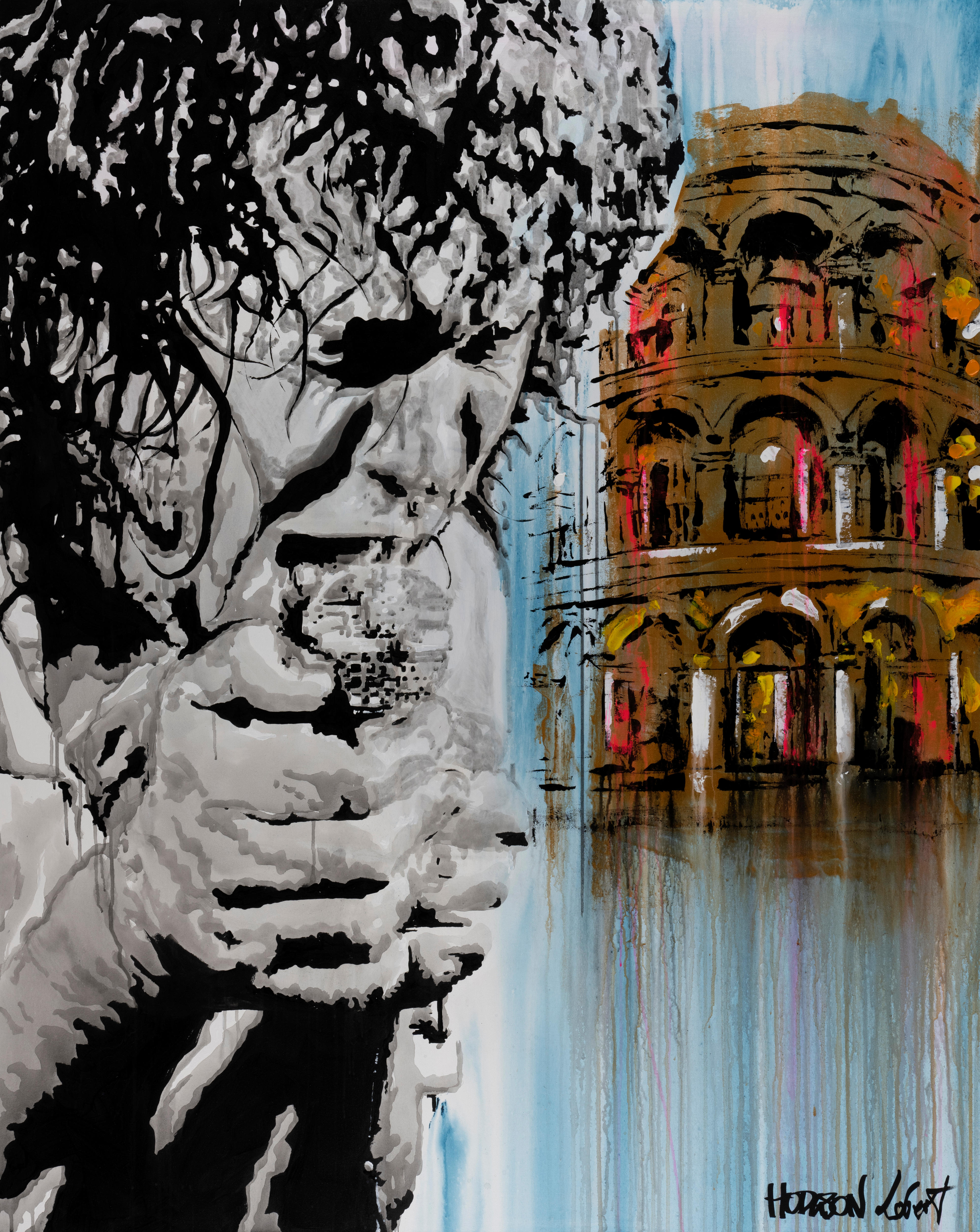 A portrait of Australian rock legend Jimmy Barnes with the Largs Pier Hotel.