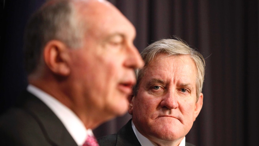Deputy Prime Minister Warren Truss and Ian Macfarlane speak in Canberra.