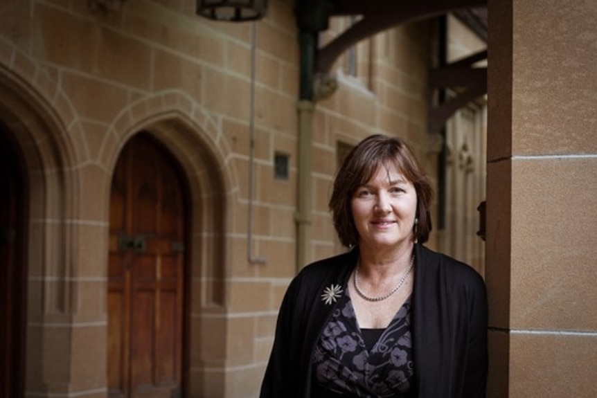 A photo of a woman leaning on a sandstone column on university grounds.