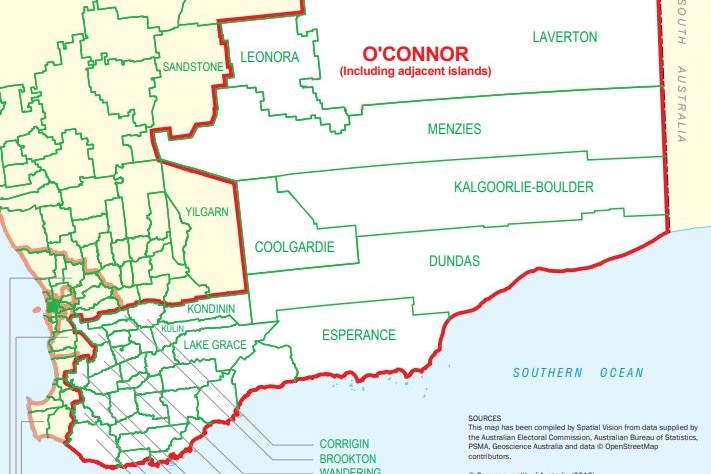 A map showing the electorate of O'Connor in WA.