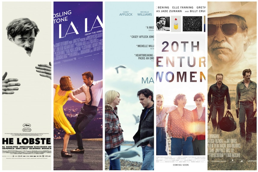 Movie posters for The Lobster, La La Land, Manchester by the Sea, 20th Century Women, Hell or High Water