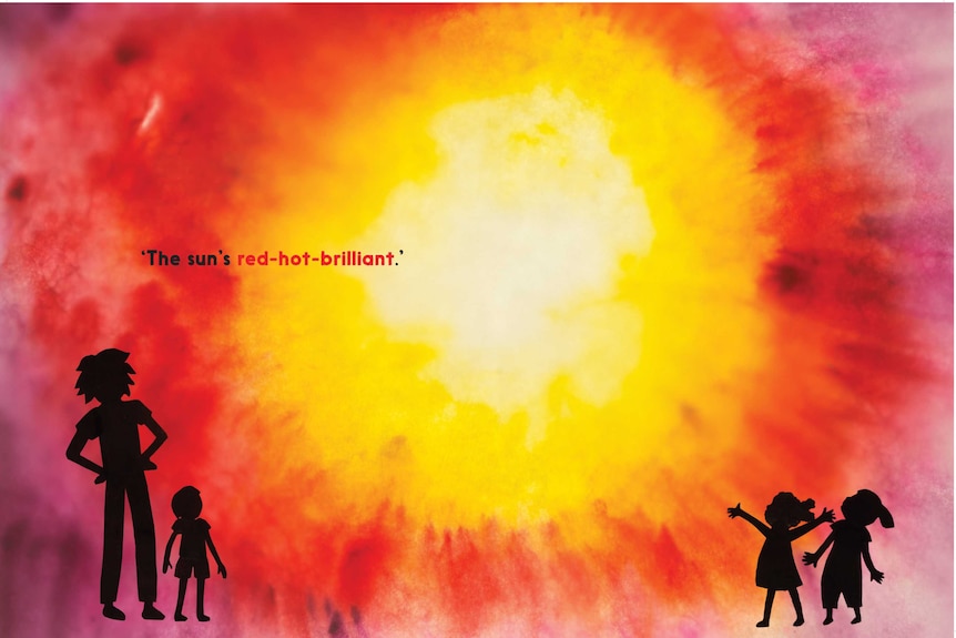 Illustration of the silhouettes of an adult & three kids standing in front of sun, text reads: the sun's red-hot-brilliant