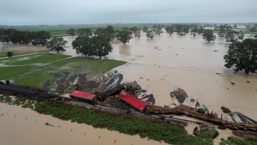 A general view shows a train derailed in Te Puke, New Zealand.