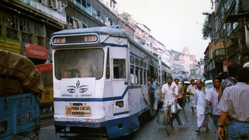 A decorated Kolkatan tram heading along Mahatma Gandhi road in 1997