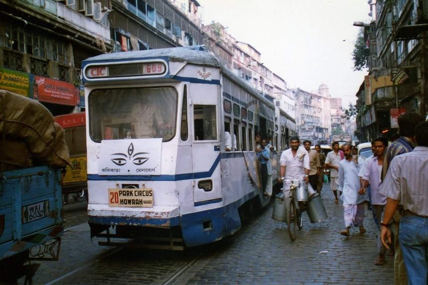 A decorated Kolkatan tram heading along Mahatma Gandhi road in 1997