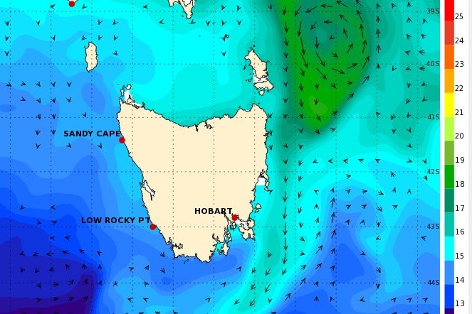 A map showing water temperatures across Tasmania