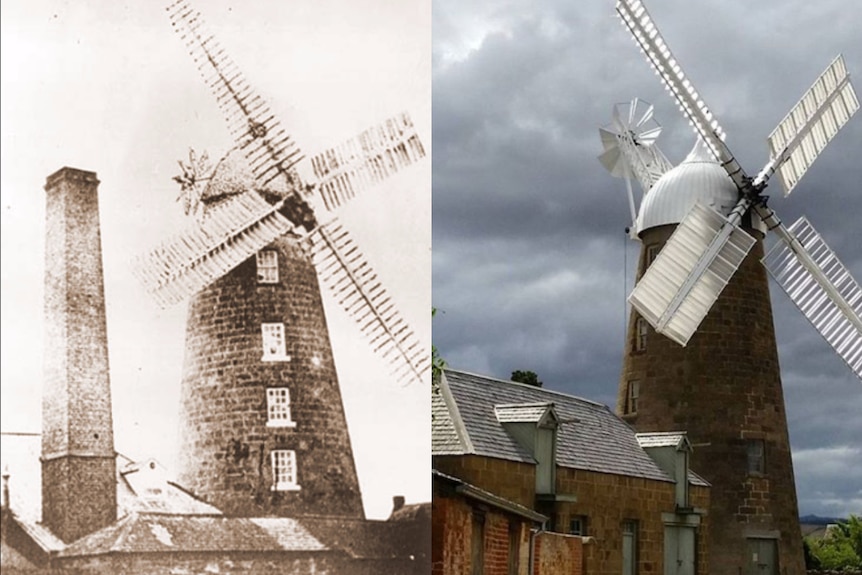 Historical image of windmill beside modern image of the mill