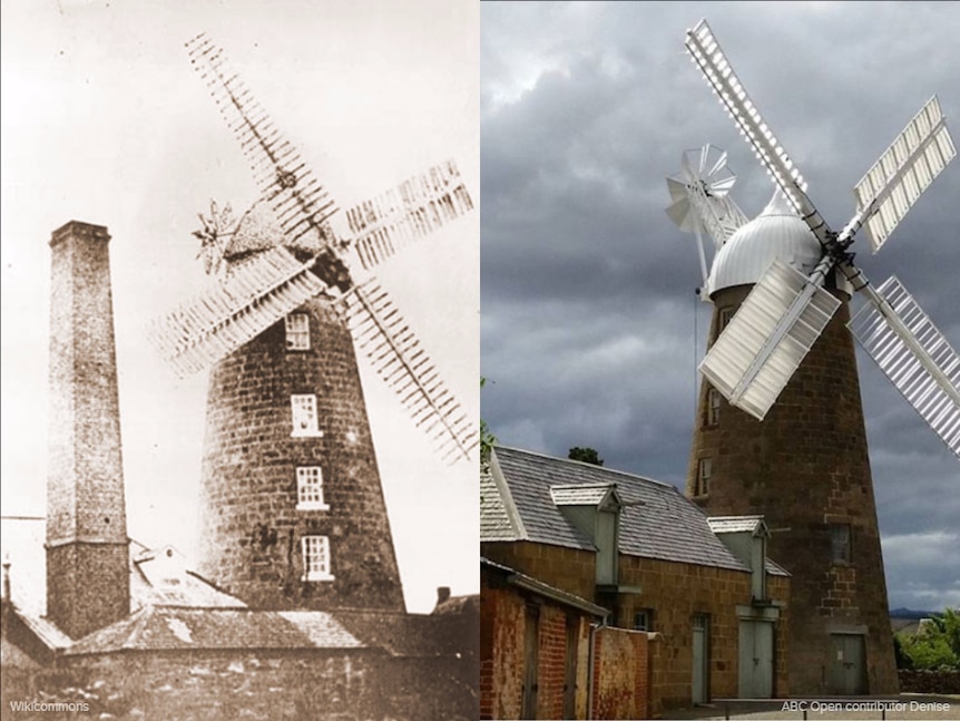 Historical image of windmill beside modern image of the mill