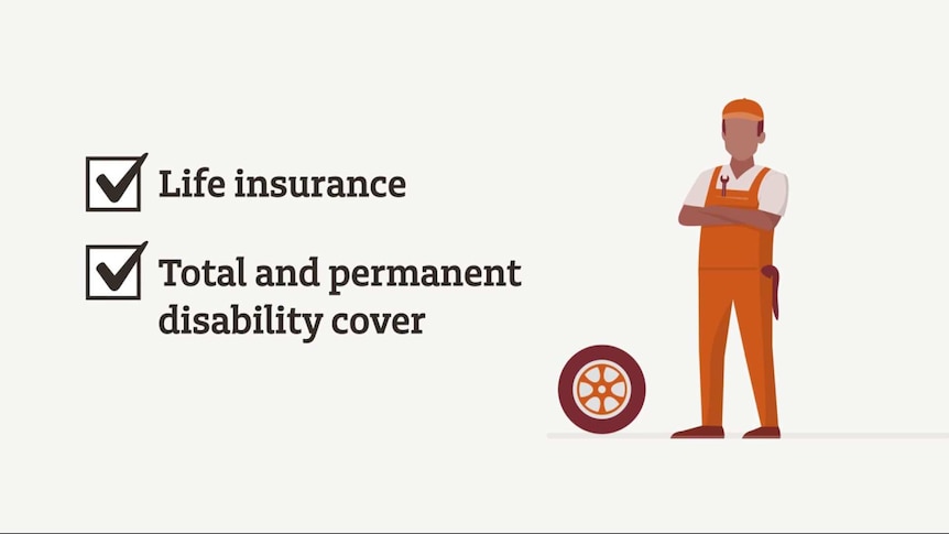 Image showing cartoon mechanic standing next to tyre with tick boxes for life insurance and total & permanent disability cover