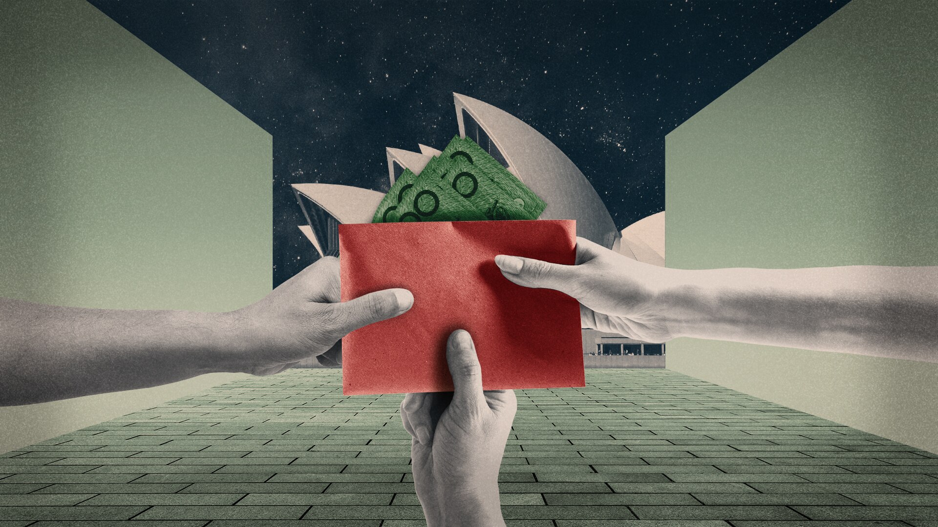 Graphic of an envelope with money being pulled in three different directions.