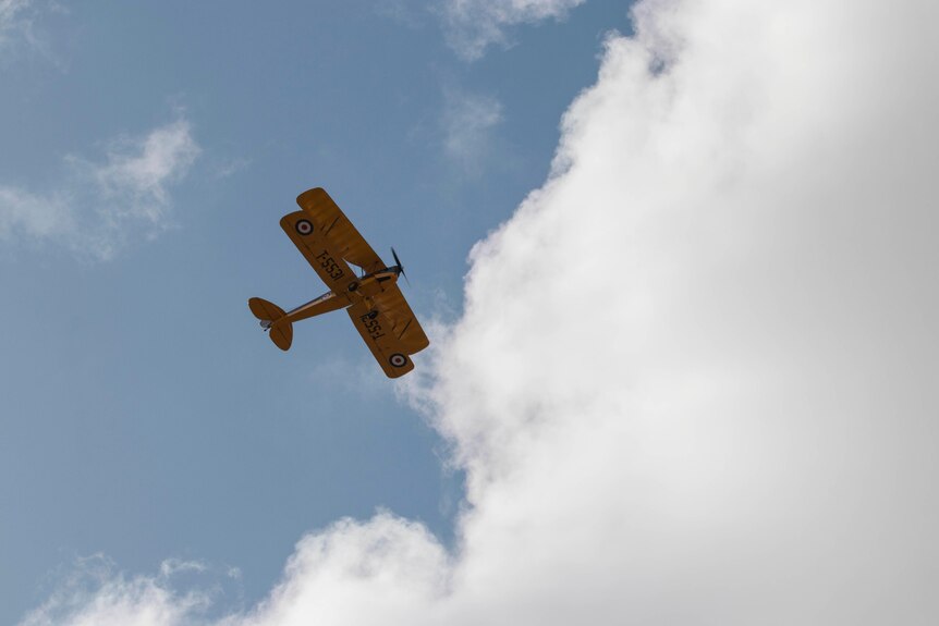 A Tiger Moth plane in the sky, viewed from below. 