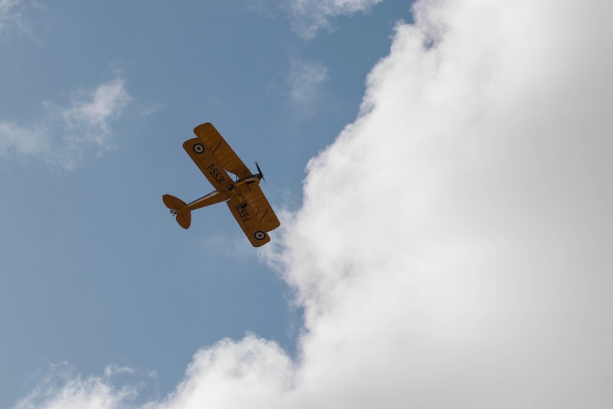 A Tiger Moth plane in the sky, viewed from below. 