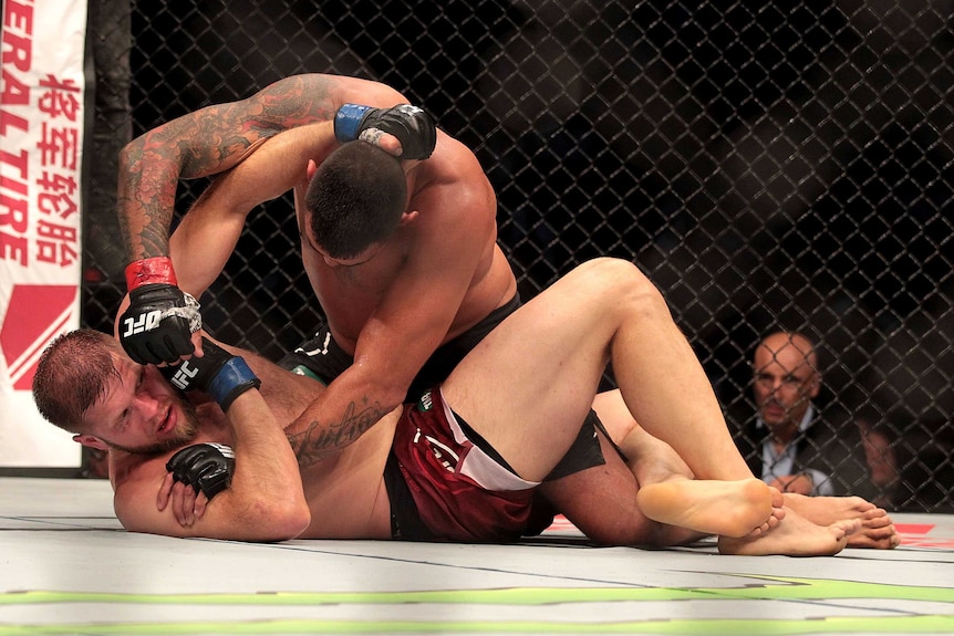 A UFC fighter punches his opponent lying on the floor of the octagon ring.