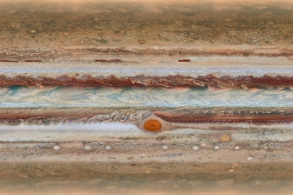 A new image map of Jupiter showing the great red spot and bands of clouds.