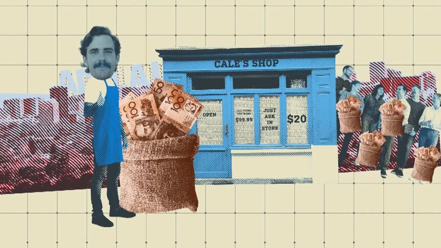 A collage of Cale as a shop owner wearing an apron in front of his shop next to a line up of customers with bags of money.