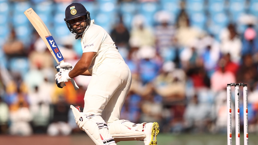 An Indian male batter plays a shot to the leg side during a Test against Australia.