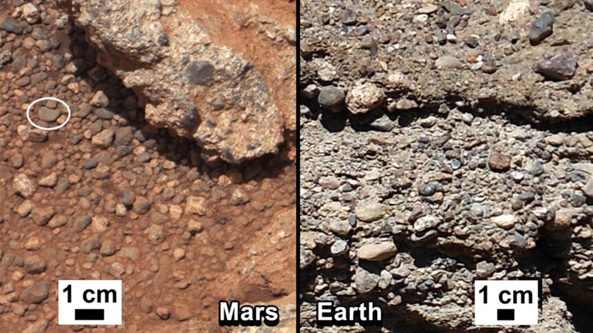 This set of images compares the 'Link' outcrop of rocks on Mars (L) with similar rocks seen on Earth (R).