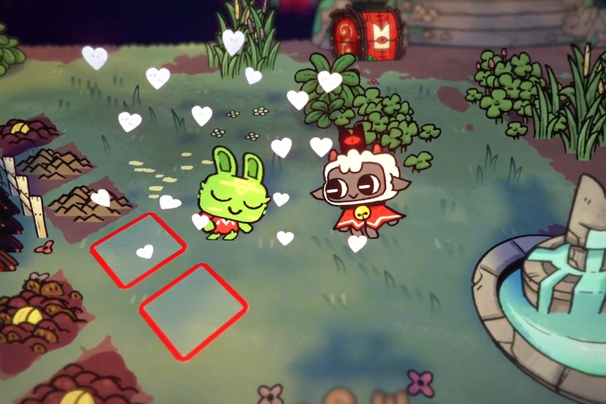 A screenshot from video game Cult of the Lamb showing an anthropomorphic Lamb with devil horns and a red cape.