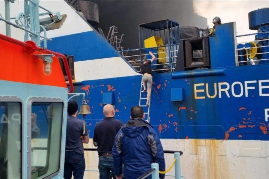 A man walks down a ladder on a blue ship as three men look on with the word 'Euroferry' behind them