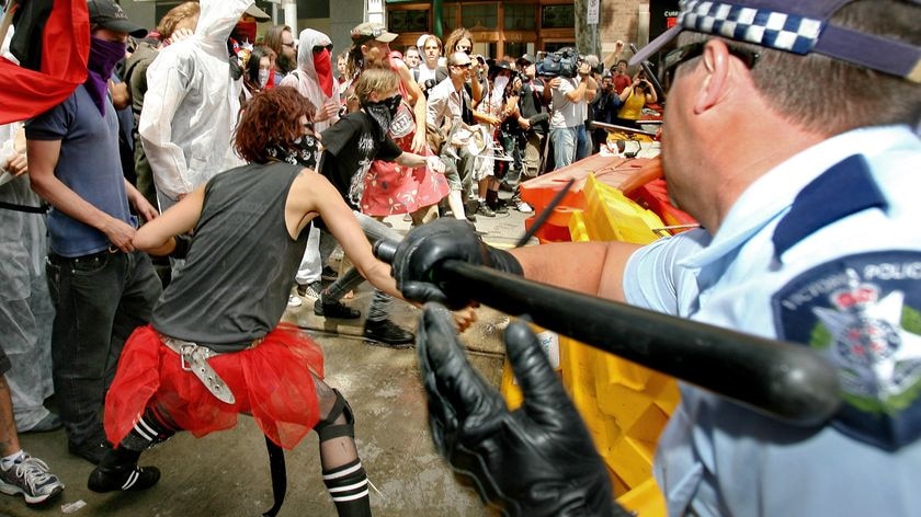 Policemen battle with protesters at the G20 finance summit.