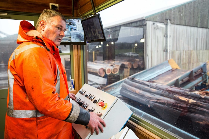 A man in a high-vis coat operates the controls while looking out the window at a timber mill.