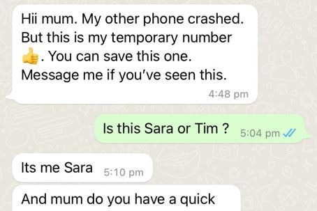 a whatsapp message that says "Hi mum, my other phone crashed. but this is my temporary number"