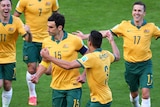 Australia's Mile Jedinak (#15) celebrates his goal against the Netherlands at the 2014 World Cup.